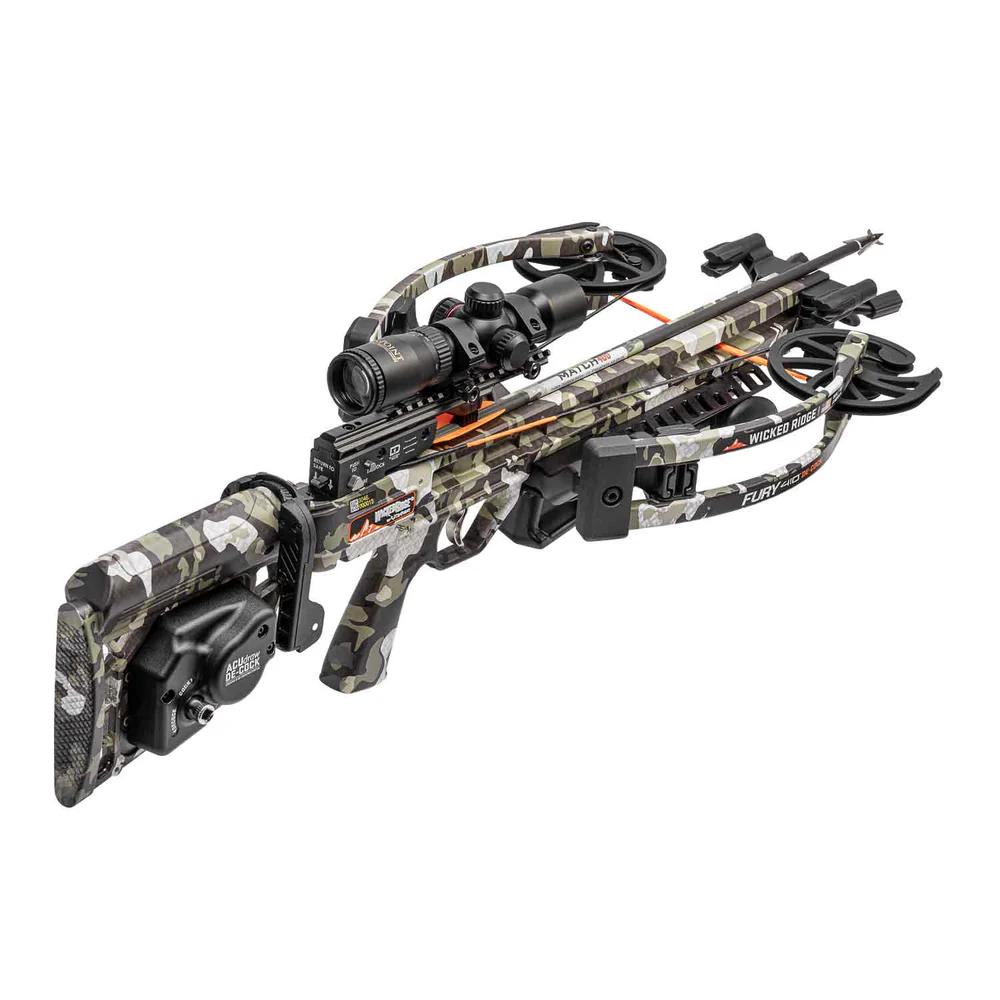 Wicked Ridge Fury 410 De-Cock Crossbow Package (RangeMaster Pro Scope), Wicked Ridge Fury 410 De-Cock Crossbow Package, buy Fury 410 crossbow, ACUdraw De-Cock crossbow, 410 FPS crossbow, reverse-draw crossbow, RangeMaster Pro Scope crossbow, compact hunting crossbow, silent cocking crossbow, safest crossbow to de-cock, crossbow with scope and arrows, Peak XT camo crossbow, Wicked Ridge crossbows for sale, Crossbow Supplies crossbows