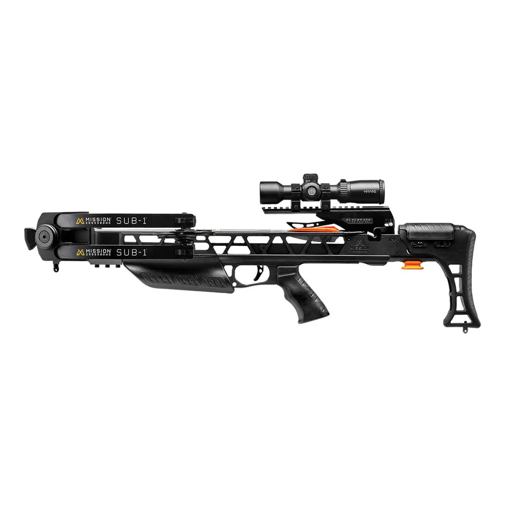 Mission SUB-1 Crossbow Pro Kit, buy Mission SUB-1 crossbow, precision hunting crossbow, stealth crossbow, Benchmark Fire Control crossbow, Sync X cam system crossbow, adjustable stock crossbow, Hawke scope crossbow, rope cocking aid crossbow, made in USA crossbow, lightweight silent crossbow, Mission crossbows for sale, reliable hunting crossbow, Crossbow Supplies crossbows, high-performance compact crossbow