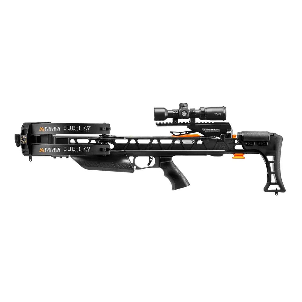 Mission SUB-1 XR Crossbow with Pro Kit, buy Mission SUB-1 XR crossbow, precision hunting crossbow, stealth crossbow package, crossbow with Hawke scope, crossbow with rope cocker, easy load bolt retention crossbow, de-cocking button crossbow, adjustable stock crossbow, Mission crossbows for sale, high-performance hunting crossbow, Crossbow Supplies crossbows, lightweight accurate crossbow, reliable crossbow package