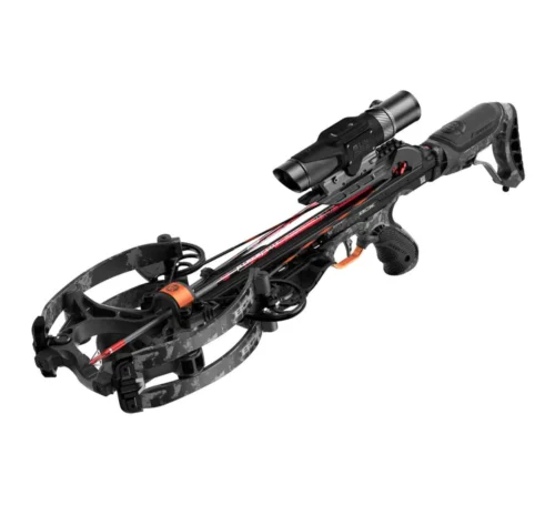 Barnett Hyper Raptor BCX crossbow, 410 FPS crossbow, HyperFlite arrows, rangefinding crossbow scope, TriggerTech trigger, Anti-Dry Fire crossbow, Infinity cams, Halo System crossbow, lightweight hunting crossbow, compact crossbow, adjustable buttstock crossbow, pivoting limb pockets, sled cocking device, quick detach quiver, hunting crossbow package, high power crossbow, durable crossbow, tactical crossbow, Barnett crossbows for sale, crossbow in stock, global shipping crossbows, precision crossbow, high-performance crossbow, Crossbow Supplies, Buy Barnett Hyper Raptor BCX Crossbow Package with rangefinding scope. In stock and ready to ship globally from Crossbow Supplies. Power and precision.