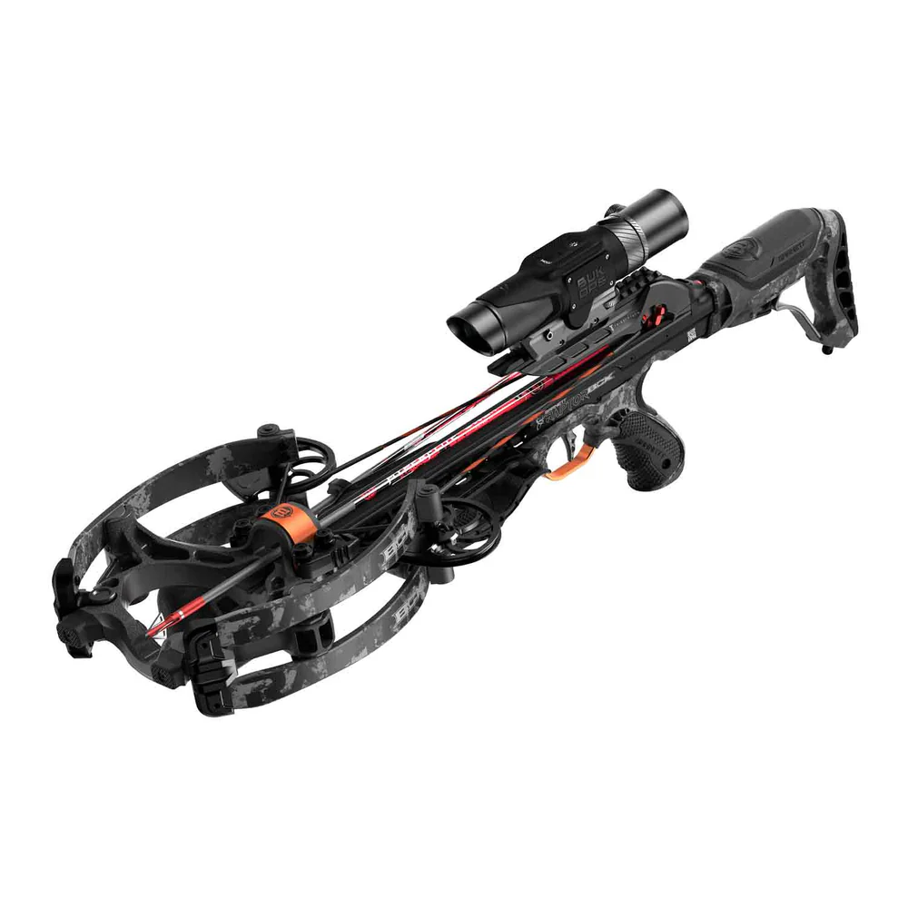 Barnett Hyper Raptor BCX crossbow, 410 FPS crossbow, HyperFlite arrows, rangefinding crossbow scope, TriggerTech trigger, Anti-Dry Fire crossbow, Infinity cams, Halo System crossbow, lightweight hunting crossbow, compact crossbow, adjustable buttstock crossbow, pivoting limb pockets, sled cocking device, quick detach quiver, hunting crossbow package, high power crossbow, durable crossbow, tactical crossbow, Barnett crossbows for sale, crossbow in stock, global shipping crossbows, precision crossbow, high-performance crossbow, Crossbow Supplies, Buy Barnett Hyper Raptor BCX Crossbow Package with rangefinding scope. In stock and ready to ship globally from Crossbow Supplies. Power and precision.